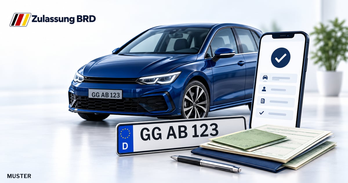 Online Fahrzeugzulassung in Biebesheim am Rhein: Musterkennzeichen GG AB 123, Auto und Fahrzeugpapiere und Smartphone. Illustration mit Logo von Zulassung BRD.